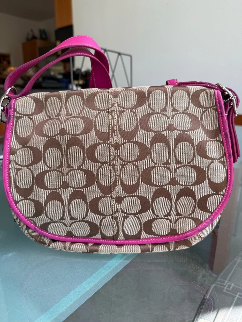 Coach Brown Signature Shoulder Bag with Pink Trim